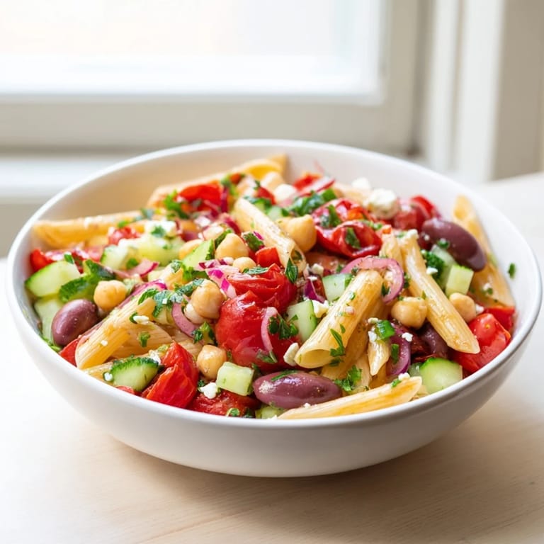 This Mediterranean pasta salad with chickpeas offers a satisfying, delicious, and healthy meal, perfect for lunch.