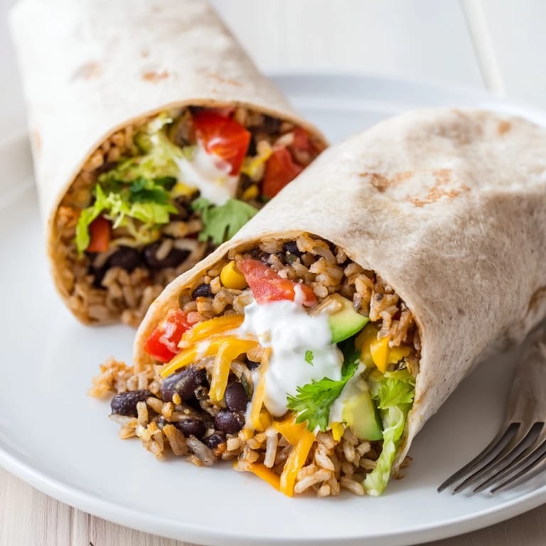 Close-up of a flavorful Smoky Black Bean Burrito, packed with fresh ingredients, perfect for lunch.