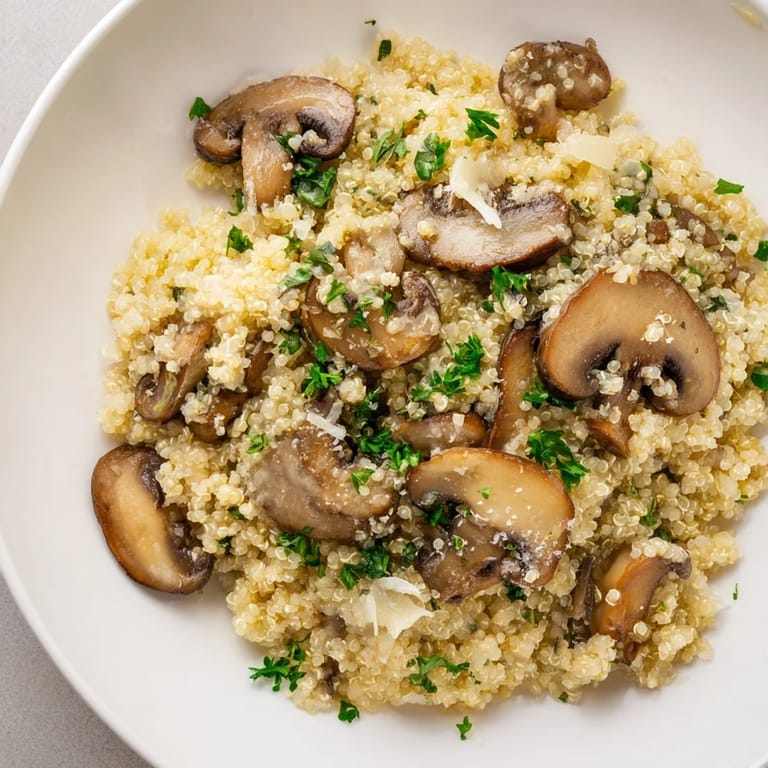 Sizzling pan of mushroom quinoa risotto, featuring browned mushrooms and fresh thyme, smelling delicious.