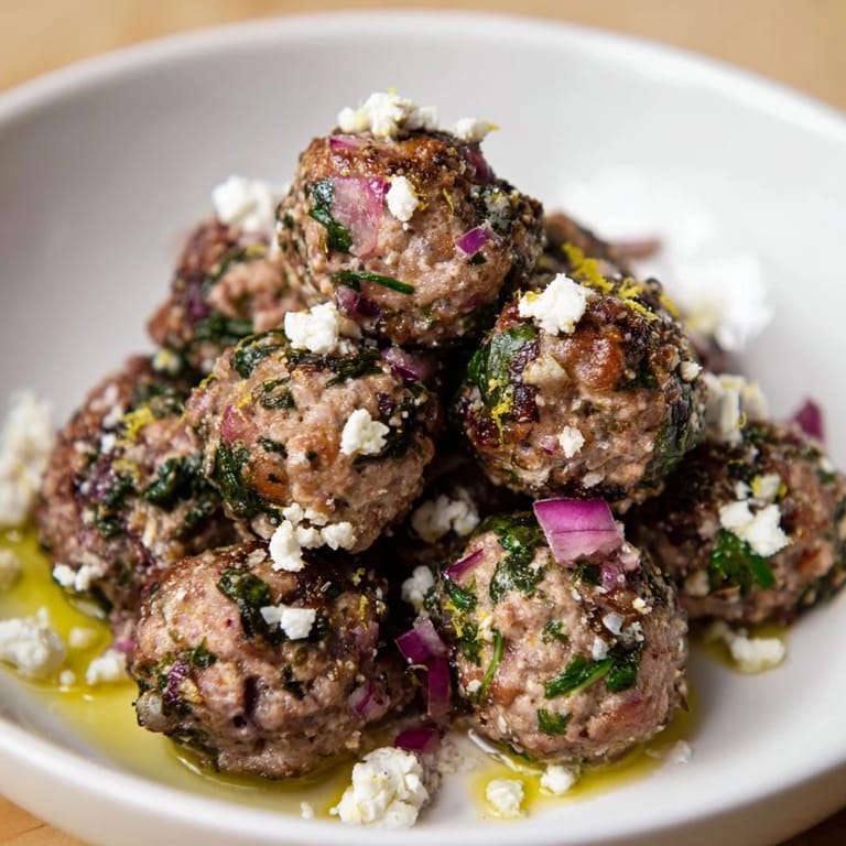 A platter of savory Spinach Feta Turkey Meatballs, seasoned with Greek herbs, perfect for a healthy meal.