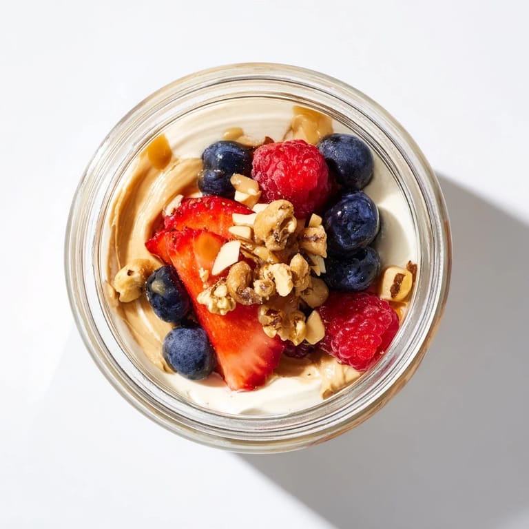 A beautiful, layered Cashew Butter Yogurt Parfait with ripe red berries ready to eat.