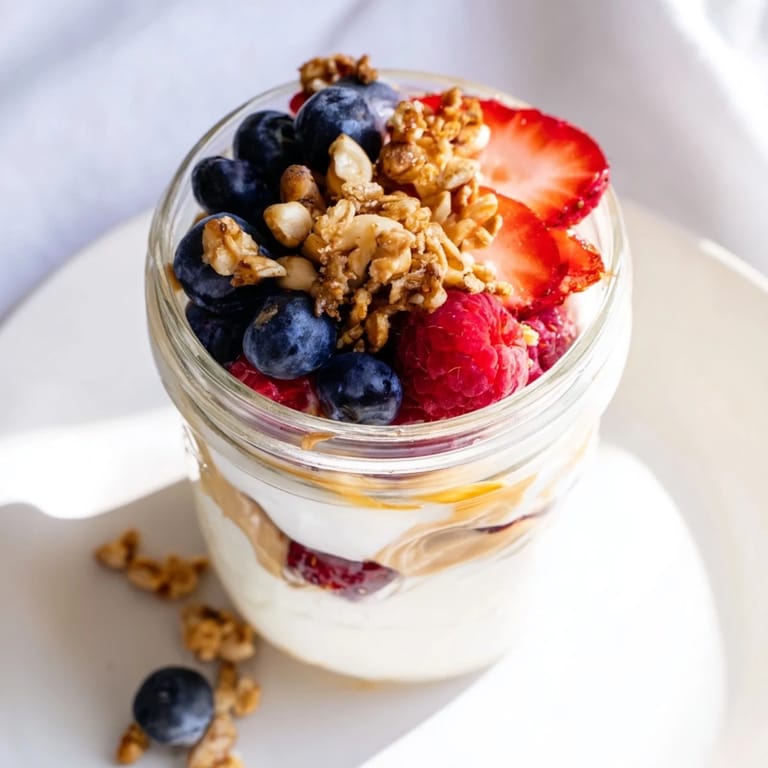 A beautiful, layered Cashew Butter Yogurt Parfait with ripe red berries ready to eat.