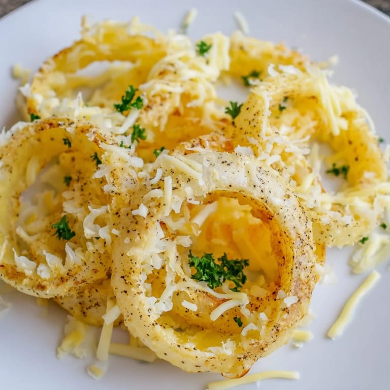 Close-up of freshly served Crispy Onion Cheese Chips, a savory snack with melted cheese and herbs.