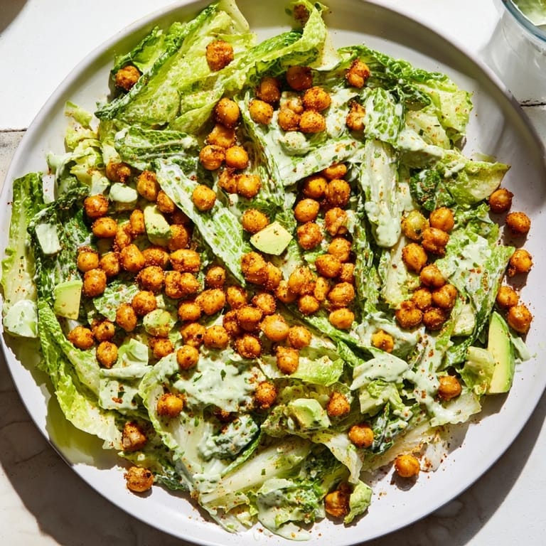 Crispy chickpeas top a lively Green Goddess Salad, a tempting vegetarian meal with a creamy dressing.