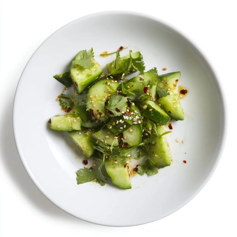 Freshly served Chinese Spicy Smashed Cucumber Salad, garnished with sesame seeds, offers a cool, spicy treat.