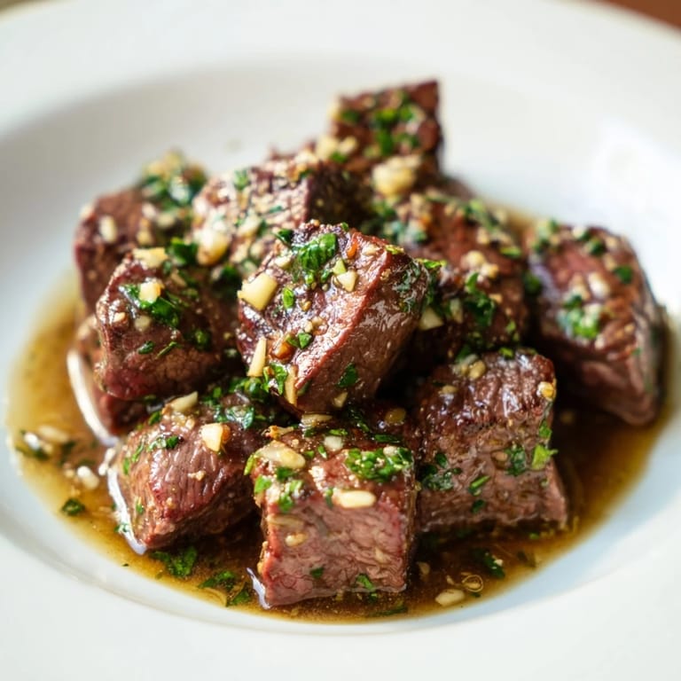 Tender, juicy Garlic Butter Steak Bites arranged on a plate offering a tempting close up view.