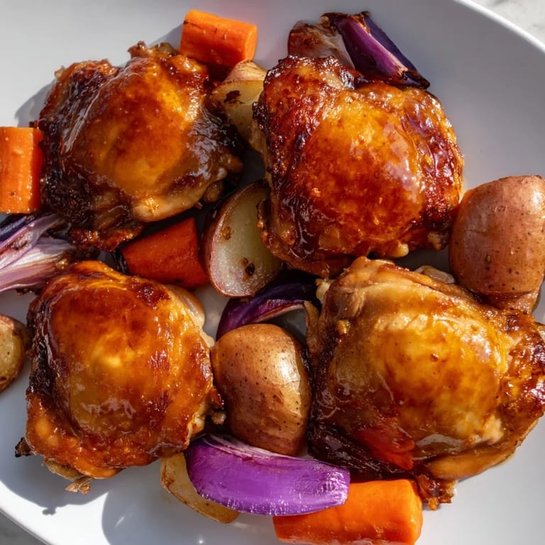 Close-up of savory Maple Dijon Chicken Thighs, highlighting crispy skin and a flavorful, sticky glaze.