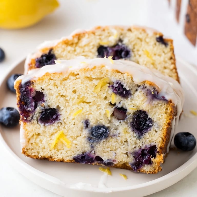 Close-up of golden Lemon Blueberry Yogurt Loaf, showing its soft crumb and fruit-filled texture.