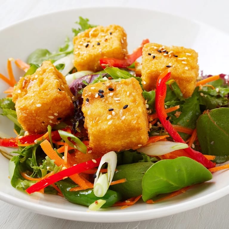 Crunchy, golden-brown tofu pieces atop a refreshing salad, drizzled with savory ginger-soy dressing.