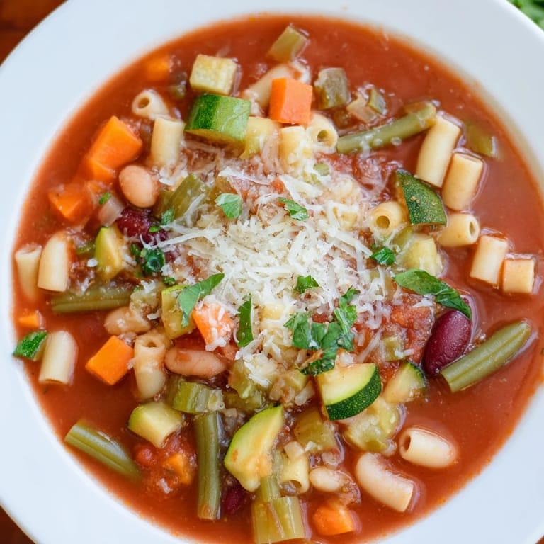 This bowl of Tomato Basil Minestrone shows the hearty blend of vegetables and pasta perfectly.