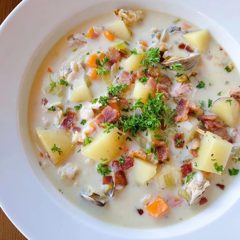 A steaming bowl of New England Clam Chowder, garnished with fresh parsley and oyster crackers.