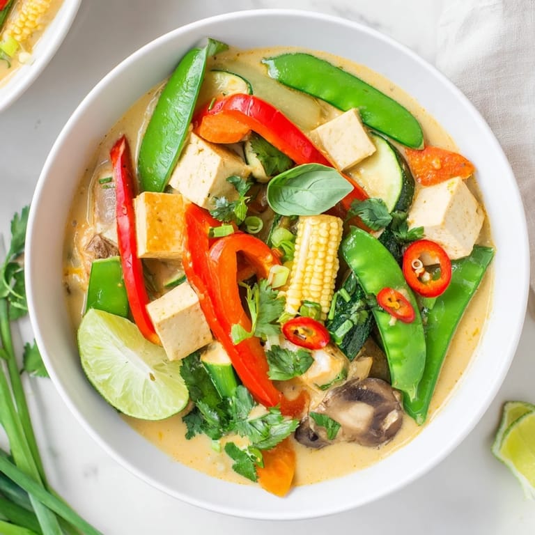 A close-up view of the rich, creamy Thai Green Curry Coconut Soup, garnished with green herbs.