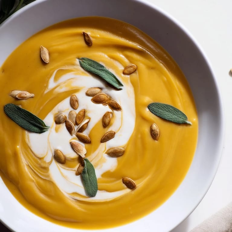 Warm, aromatic butternut squash soup, garnished with roasted pumpkin seeds, perfect for fall evenings.
