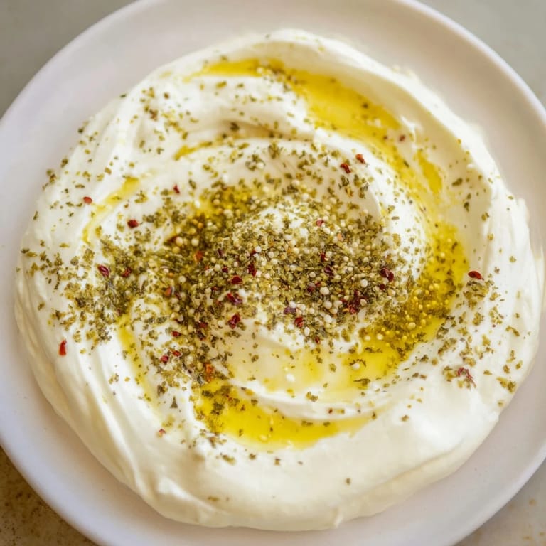 Tangy, homemade Labneh cheese, thick and rich, awaiting a drizzle of olive oil, ready for dipping.