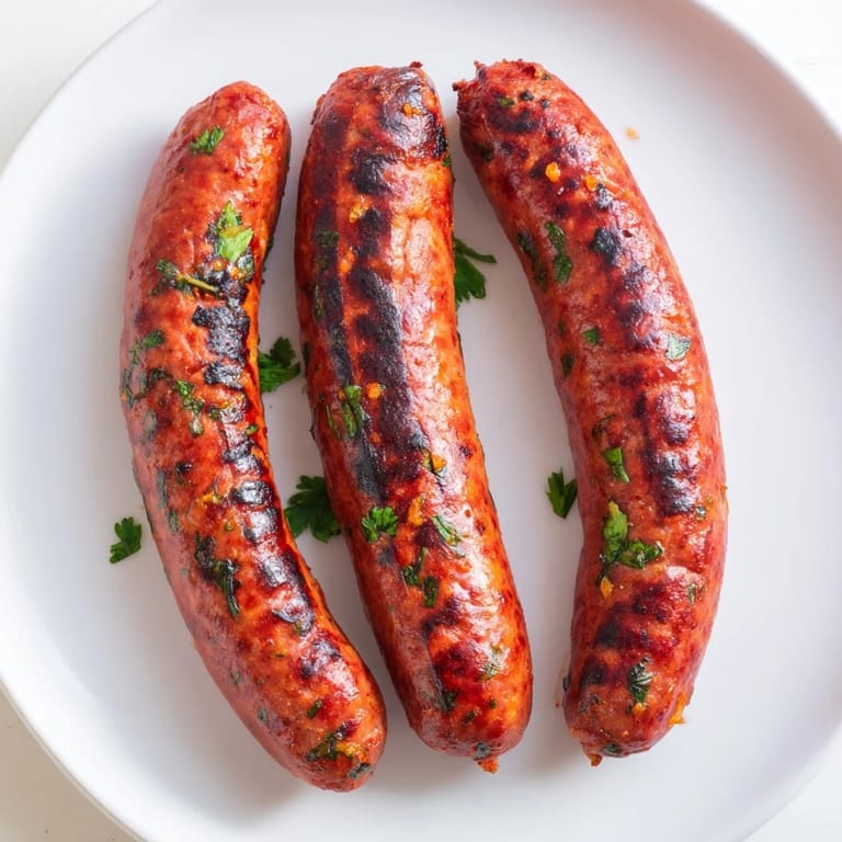 Juicy Tunisian Merguez sausage links, spiced beef and lamb, cooked to perfection on a hot grill.