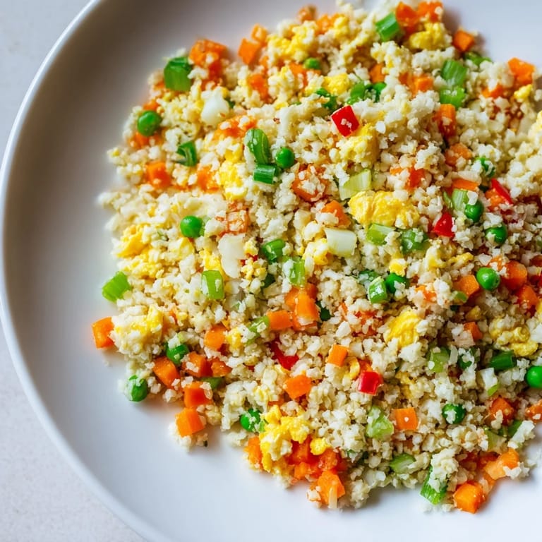 A delicious bowl of cauliflower fried rice, featuring vibrant carrots, peas, and red bell peppers.
