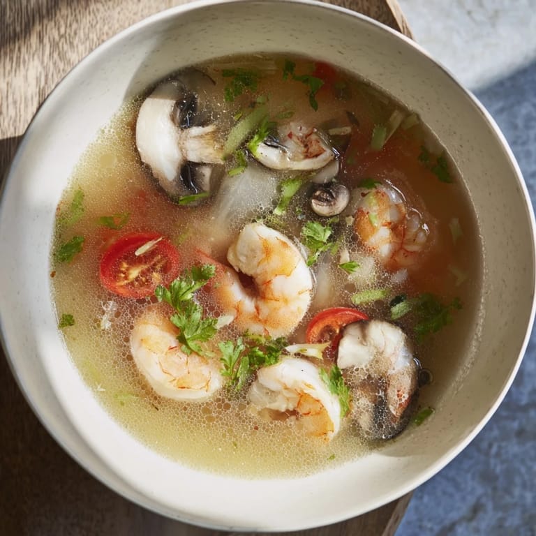 Enjoy a warm serving of spicy Tom Yum soup, a flavorful Thai dish, with lime wedges on the side.