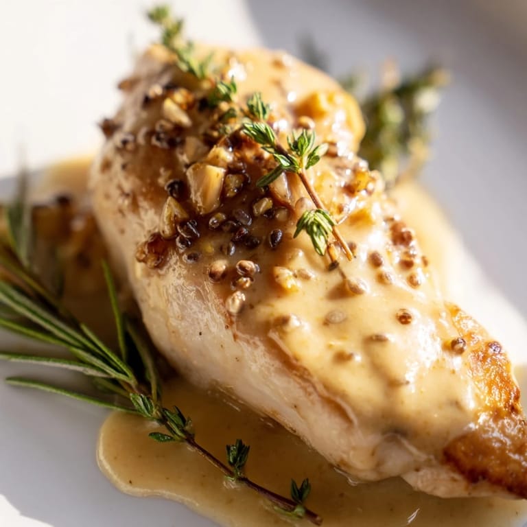 A close-up of juicy Honey Dijon Chicken Skillet, showcasing the rich, herb-infused sauce perfect for weeknight dinners.