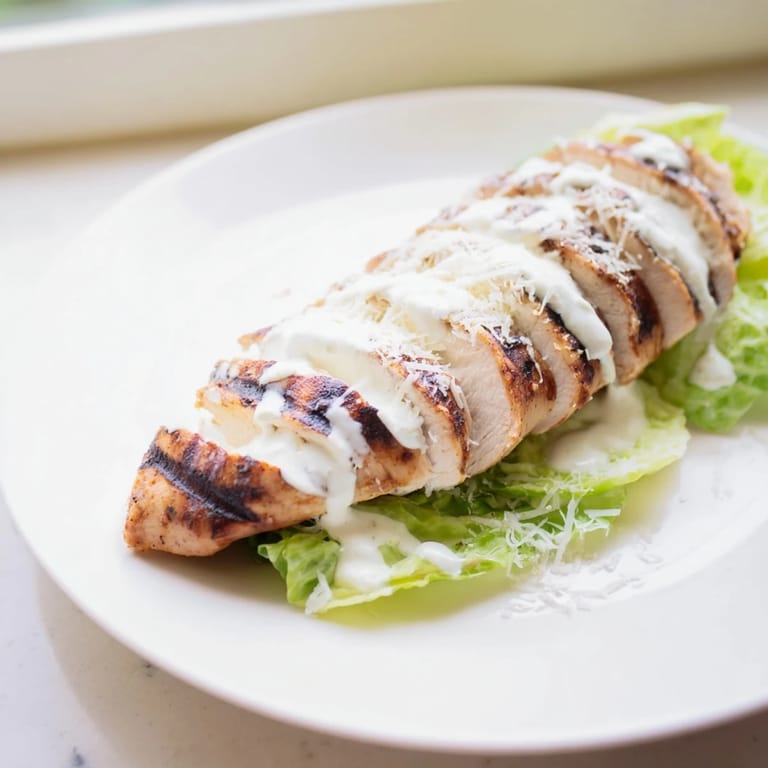 Close-up of a Caesar Chicken Sandwich layered with fresh romaine, grilled chicken, and Caesar dressing on a rustic plate.