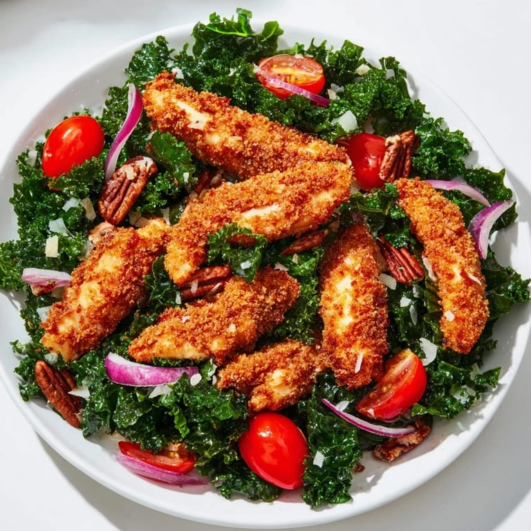 Crispy Chicken Kale Salad served with juicy chicken strips over massaged kale, cherry tomatoes, and toasted pecans.  