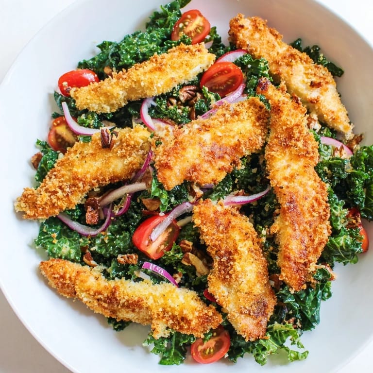 A hearty lunch of Crispy Chicken Kale Salad featuring golden fried chicken, kale, red onion, and maple-Dijon vinaigrette.