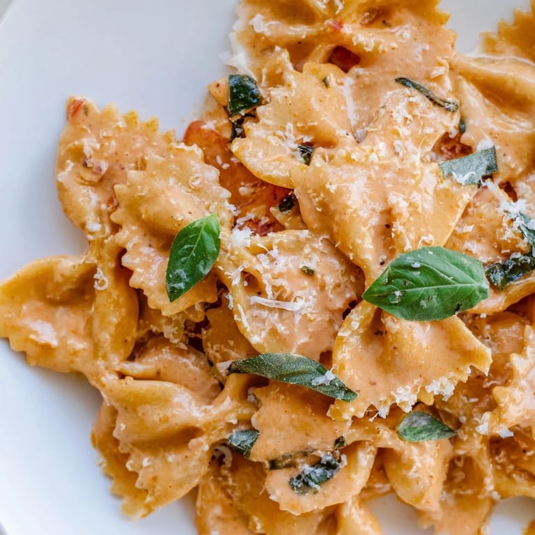 Colorful farfalle pasta in a rich tomato cream sauce, served steaming hot with extra Parmesan and basil.