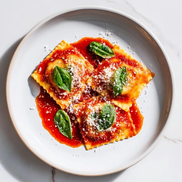 Steaming homemade spinach ricotta ravioli served in a rich, red marinara sauce.