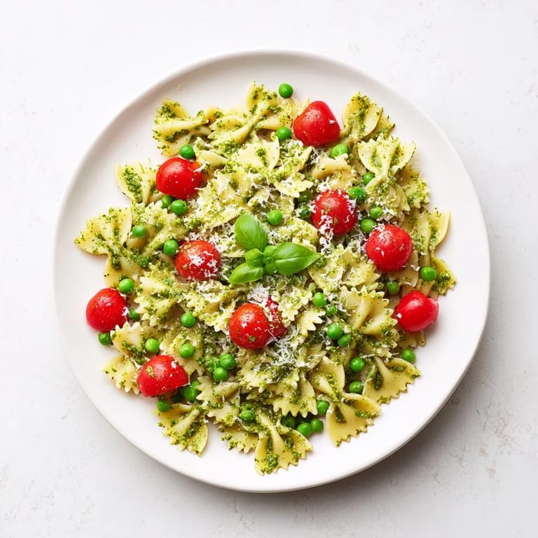 Close-up of Green Pesto Pasta Salad with tender pasta, bright peas, and cherry tomatoes drizzled with olive oil.