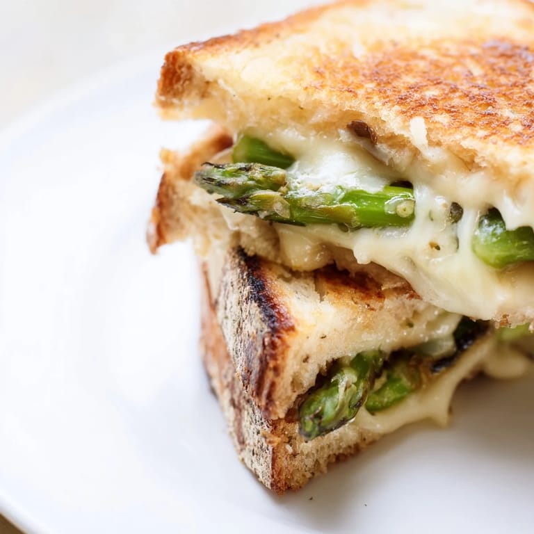 A sliced Asparagus & Brie Grilled Cheese reveals layers of molten cheese and vibrant green asparagus on a rustic plate.