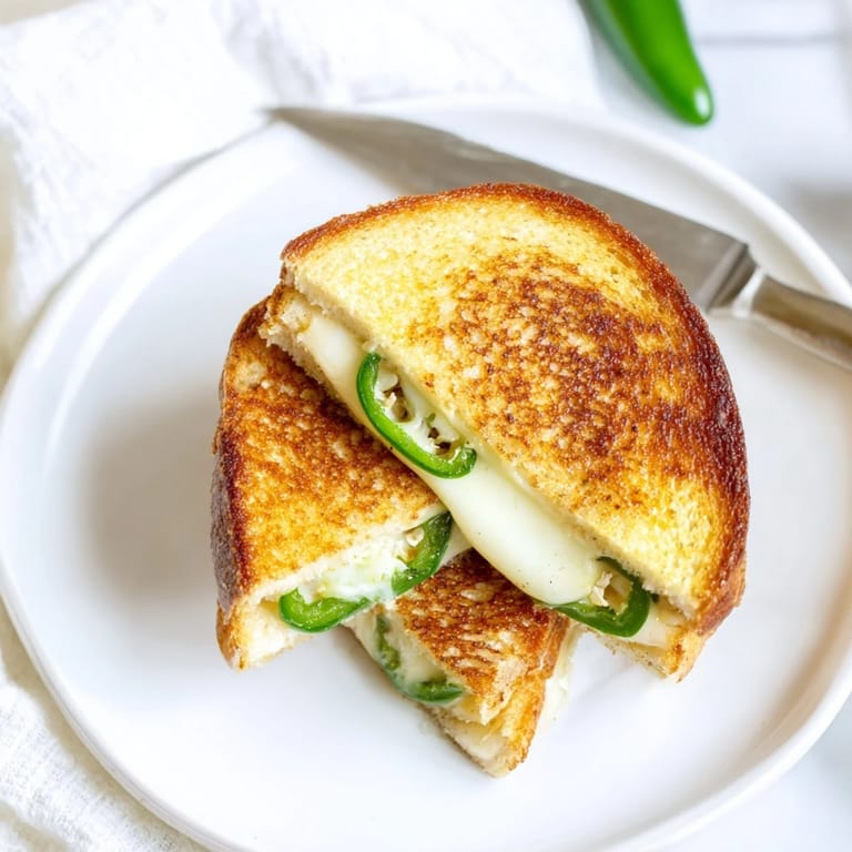 A close-up of a crispy, golden-brown Jalapeño Havarti Grilled Cheese, showing melted cheese and vibrant green pepper rings on a rustic cutting board.  