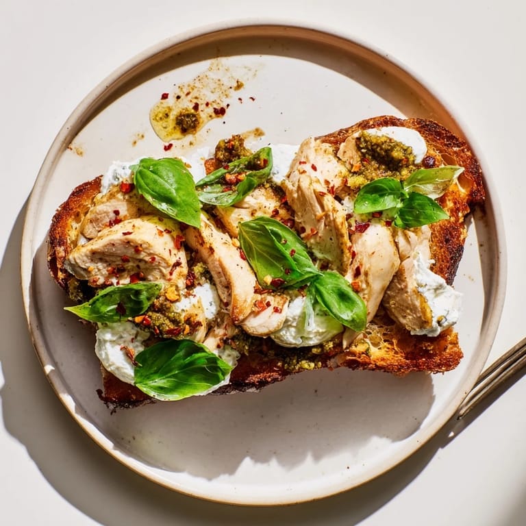A vibrant open-faced Pesto Chicken Burrata Toast featuring olive oil-brushed sourdough, juicy chicken, and rich burrata cheese, finished with a dusting of red pepper flakes.