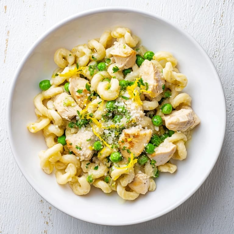 Easy weeknight Garlic Butter Chicken & Pea Pasta with tender chicken and al dente pasta in a lemony garlic butter sauce.