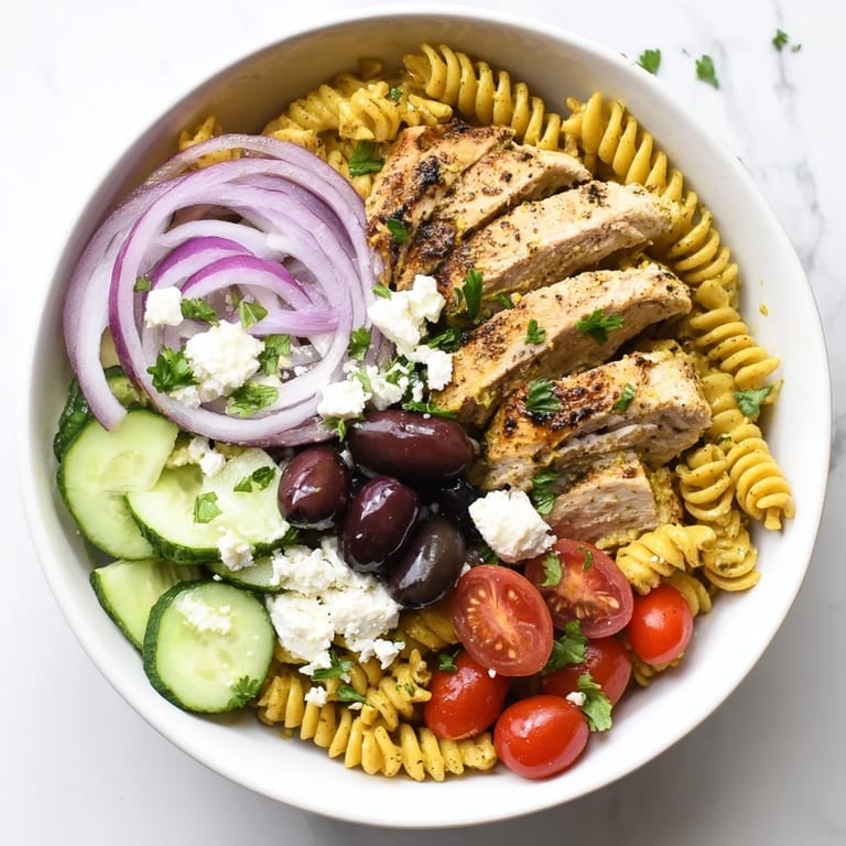 Fork-tender pasta, briny Kalamata olives, and crumbled feta shine in this hearty, Mediterranean-inspired Greek Chicken Pasta Bowl.