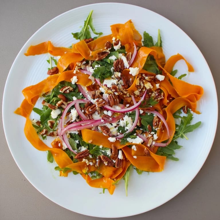 Vibrant Roasted Carrot Ribbon Salad plated with red onion slices, drizzled with sweet and tangy honey-mustard dressing.