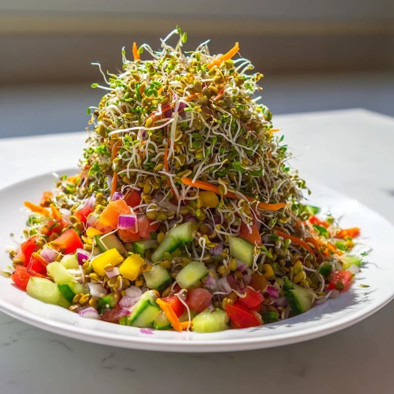 Freshly tossed Sprouted Seed Salad featuring a medley of crunchy mung bean and alfalfa sprouts, vibrant vegetables, and herbs, ready to be served as a refreshing main course.