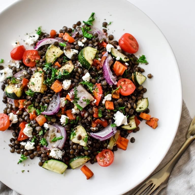 Colorful Black Lentil Salad with Roasted Vegetables features glistening, tender vegetables and plump lentils ready for a nutritious Mediterranean lunch.