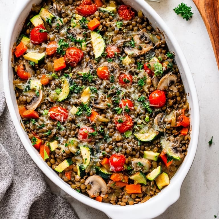 Serving of Green Lentil and Vegetable Casserole on a white plate, paired with crusty bread and a fresh side salad.