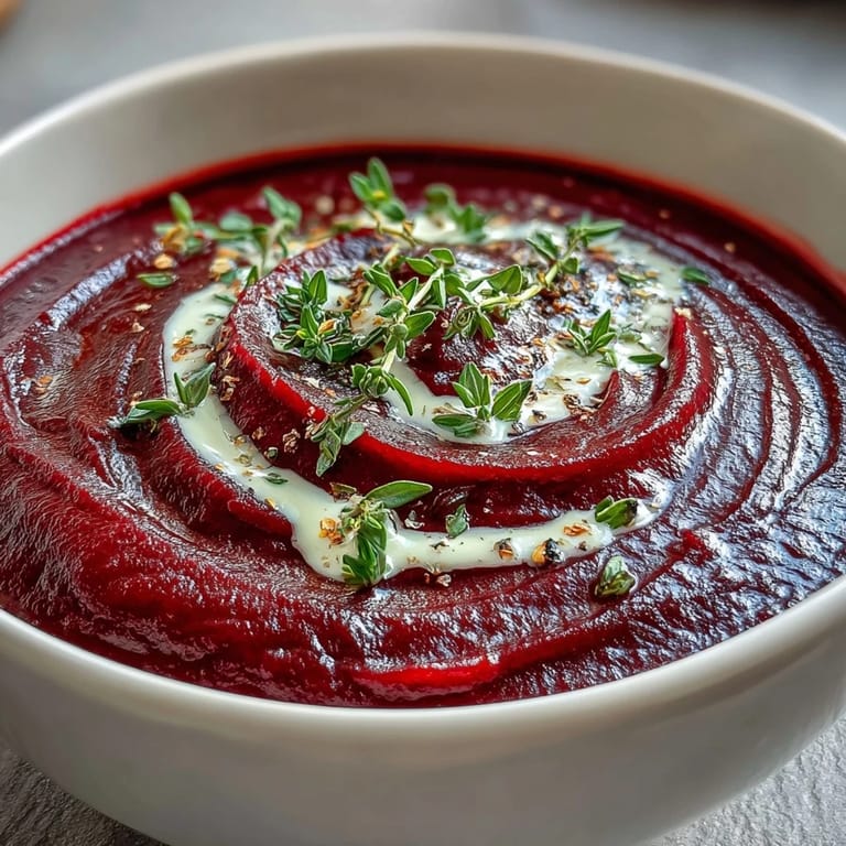 Deep magenta roasted beet soup with fresh thyme, steaming in a white bowl for an easy dinner.