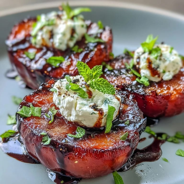 Perfectly caramelized grilled plums topped with creamy goat cheese and a drizzle of tangy balsamic glaze.