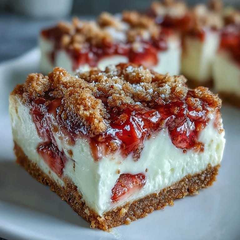 Freshly sliced bars reveal a rich cream cheese center and juicy strawberry topping, arranged beautifully for a tempting dessert spread.