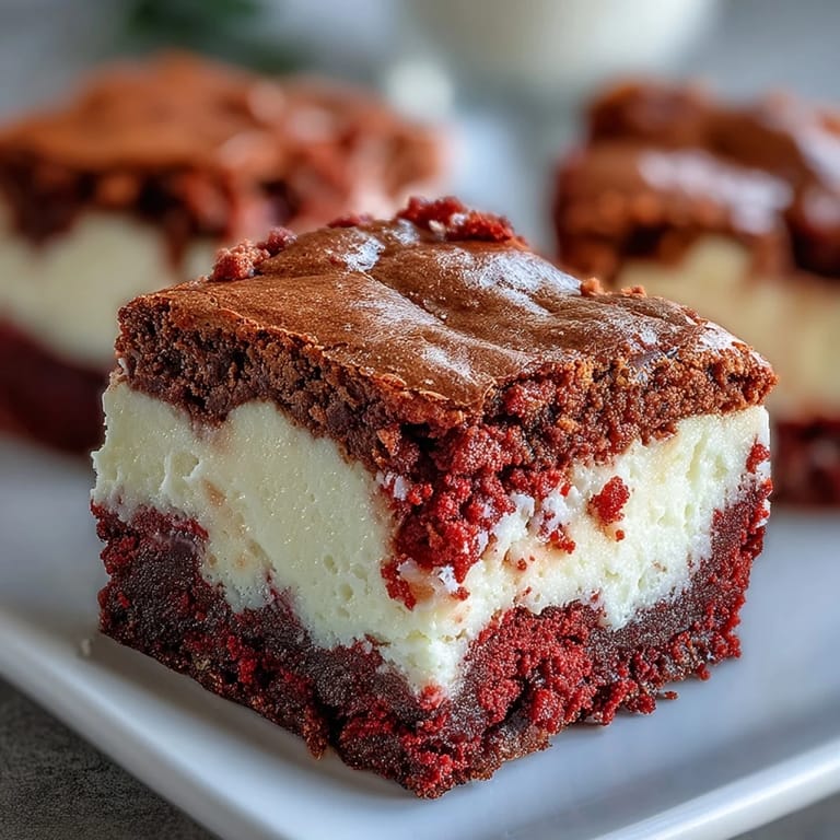 Decadent Red Velvet Cheesecake Brownies featuring a luscious cream cheese swirl, resting on parchment paper for a homemade dessert reveal.