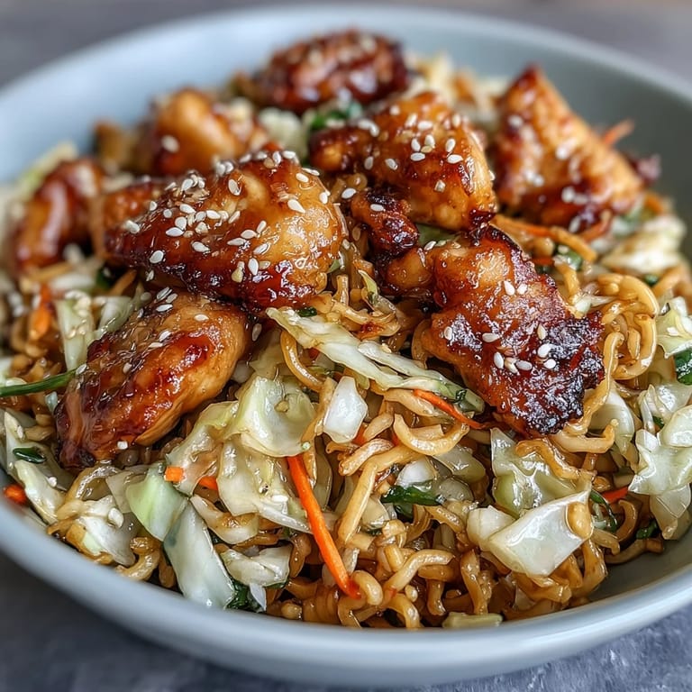 A close-up of colorful Egg Roll Bowls with Chicken and Cabbage topped with scallions and sesame seeds, served alongside spicy chili crisp for dipping.
