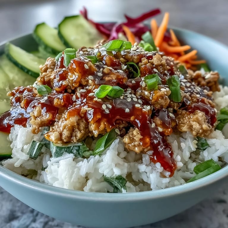 Spicy-sweet Bang Bang Ground Turkey Rice Bowls topped with sesame seeds, scallions, and fresh lime wedges. 