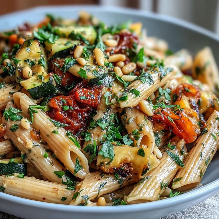 Serving suggestion for whole wheat pasta bowl, topped with toasted pine nuts, fresh parsley, and grated Parmesan cheese.