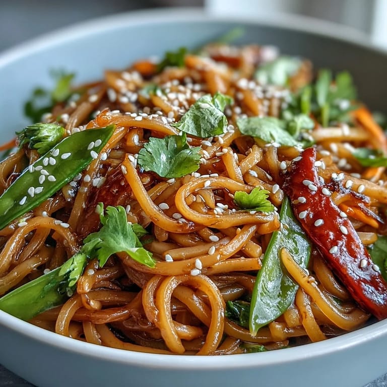 Close-up of the healthy shirataki noodle bowl featuring glistening gluten-free noodles, fresh vegetables, and herbs, highlighting a quick 25-minute meal for two.