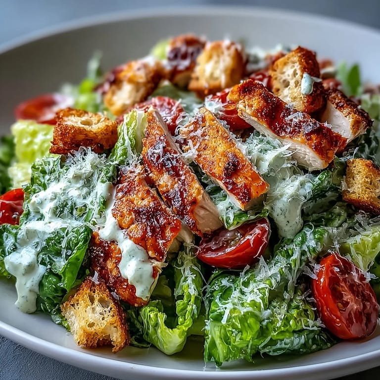 Vibrant Romaine Caesar Bowl with romaine lettuce and chickpeas, drizzled with homemade Caesar dressing.