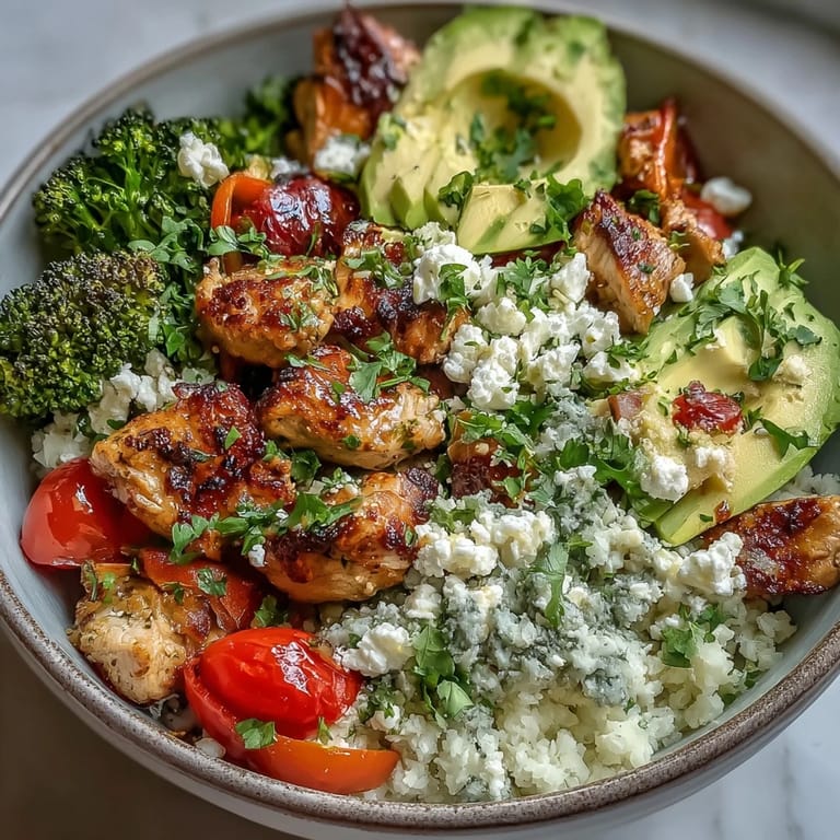 Colorful and nutritious Cauliflower Rice Bowl, featuring tender chicken and crisp vegetables, ready for a healthy dinner.