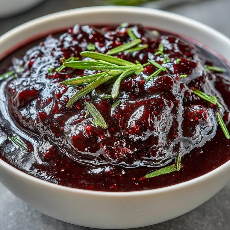 Close-up of Black Currant and Rosemary Reduction in a small white bowl, showing its glossy, dark purple surface. Fresh rosemary leaves float on top, releasing an aromatic scent that pairs beautifully with roasted duck or game.