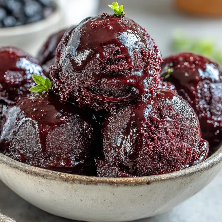 A chilled bowl of homemade Black Currant Sorbet showing a glossy, smooth texture and vibrant color.