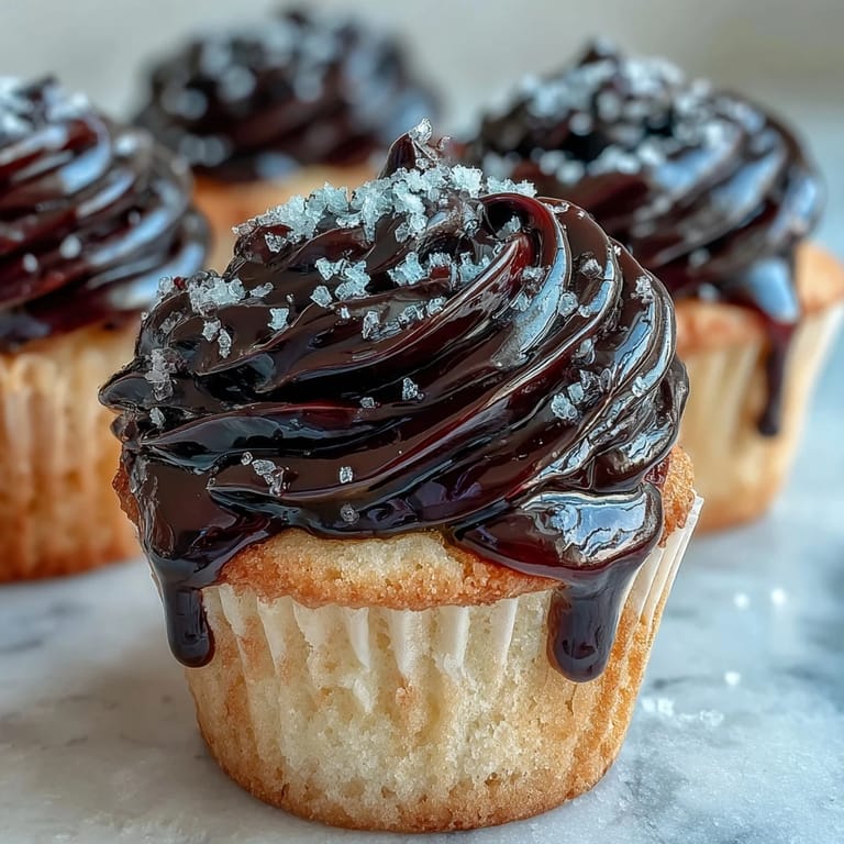 Freshly baked Olive Oil Cupcakes with rich black currant frosting are plated beside a steaming cup of Earl Grey tea.